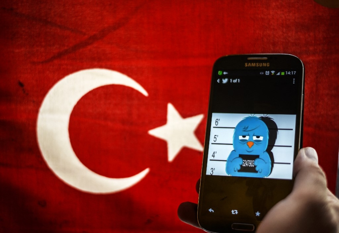 A mugshot of the Twitter bird on a smart phone with the Turkish flag in the background, Istanbul, 26 March 2014 (AFP)