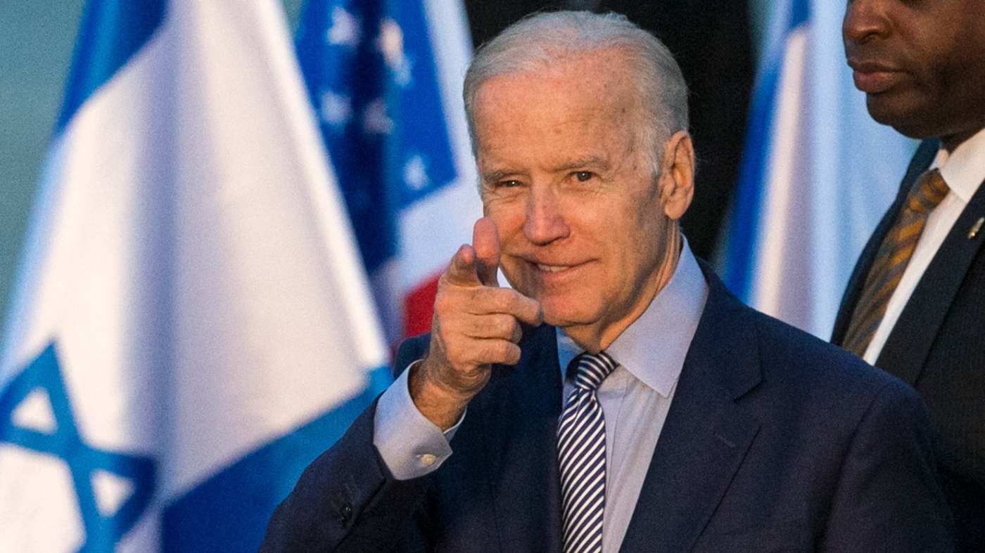 Joe Biden, then US vice president, gestures upon his arrival at Israel's Ben Gurion International airport on 8 March 2016.