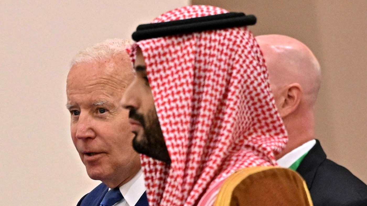 US President Joe Biden and Saudi Crown Prince Mohammed bin Salman arrive for the family photo during the GCC meeting in Jeddah, Saudi Arabia on 16 July 2022.