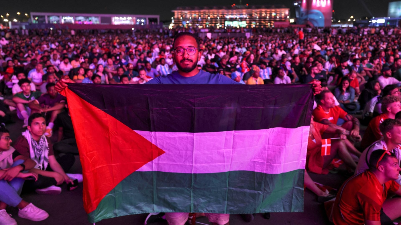 A fan waves a Palestinian flag during the Qatar 2022 World Cup, 26 November 2022 (AFP)