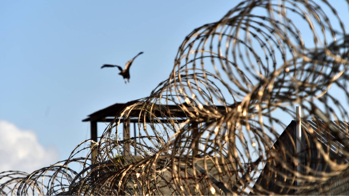 Clôture surmontée de barbelés dans le centre de détention de Guantánamo à Cuba, où plusieurs détenus ont été envoyés après avoir été torturés dans les prisons secrètes de la CIA, le 9 avril 2014 (AFP)