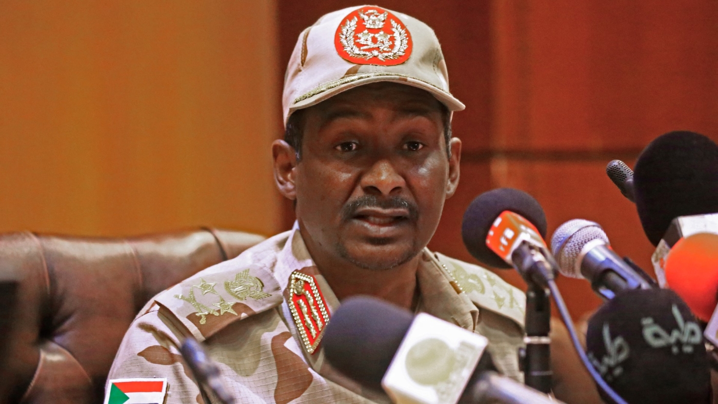 Mohamed Hamdan Daglo, also known as Hemeti, head of Sudan's paramilitary Rapid Support Forces, speaks to the press in the capital Khartoum on 18 May 2019 (AFP)