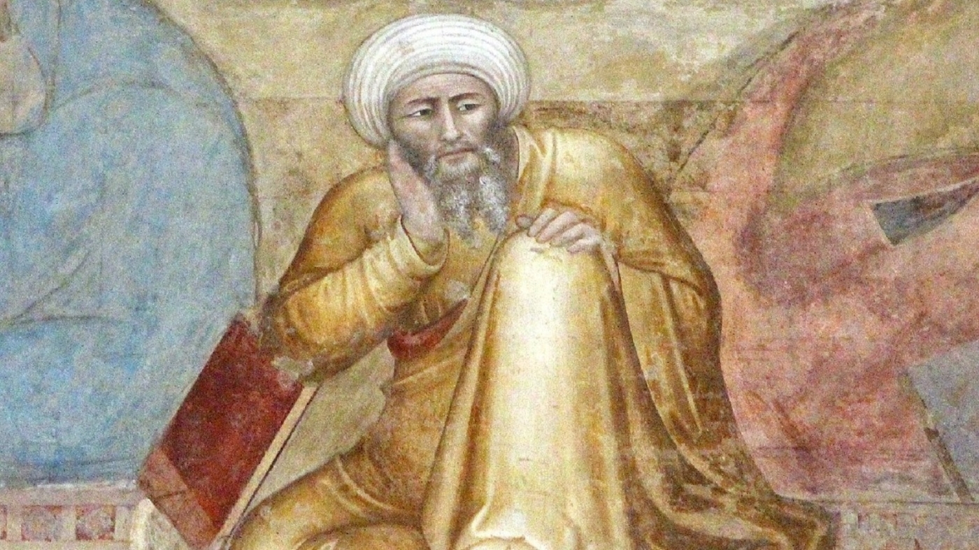 Ibn Rushd is depicted in a 14th-century painting by Florentine artist Andrea di Bonaiuto (Wikimedia)