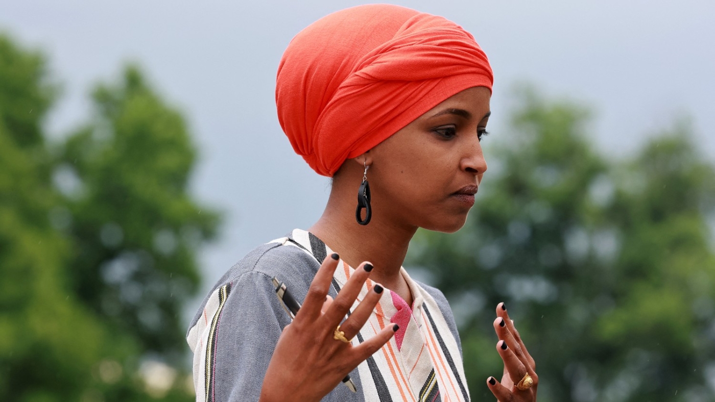 Congresswoman lhan Omar speaks during a press conference held outside of the US Capitol Building on 14 June 2022 in Washington.