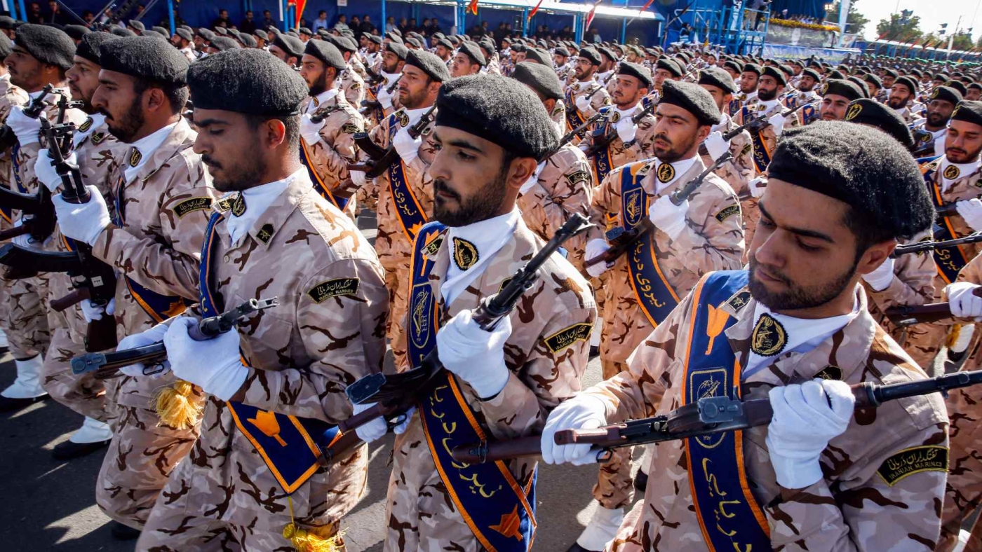 Members of Iran's Revolutionary Guards Corps march during a military parade in the capital Tehran on 22 September 2018.