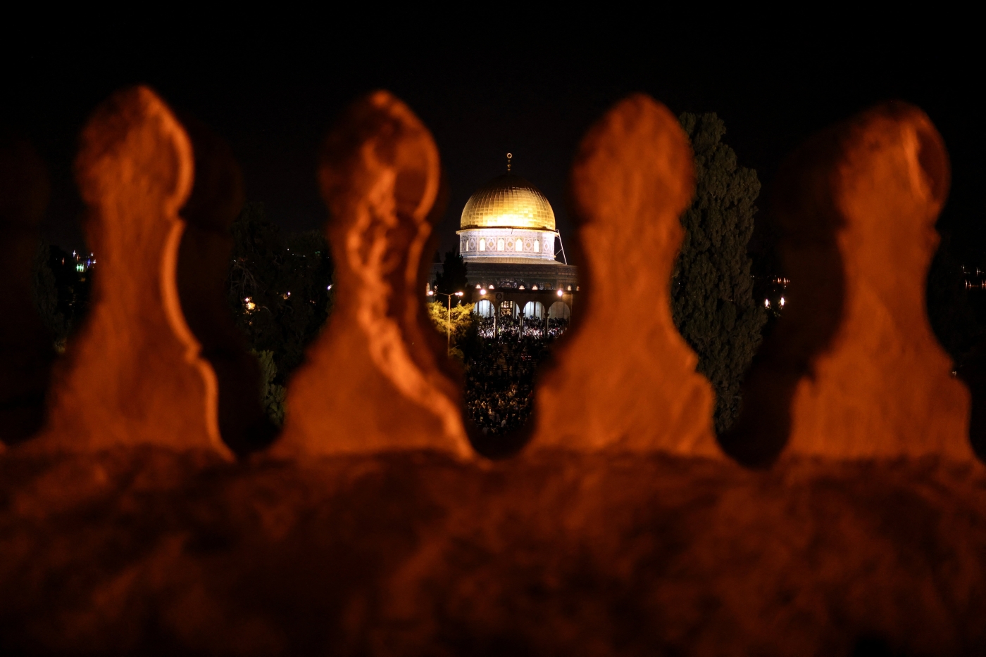 Palestinians pray on Laylat al-Qadr during the holy month of Ramadan, at Al-Aqsa Mosque on 27 April 2022 (Reuters)
