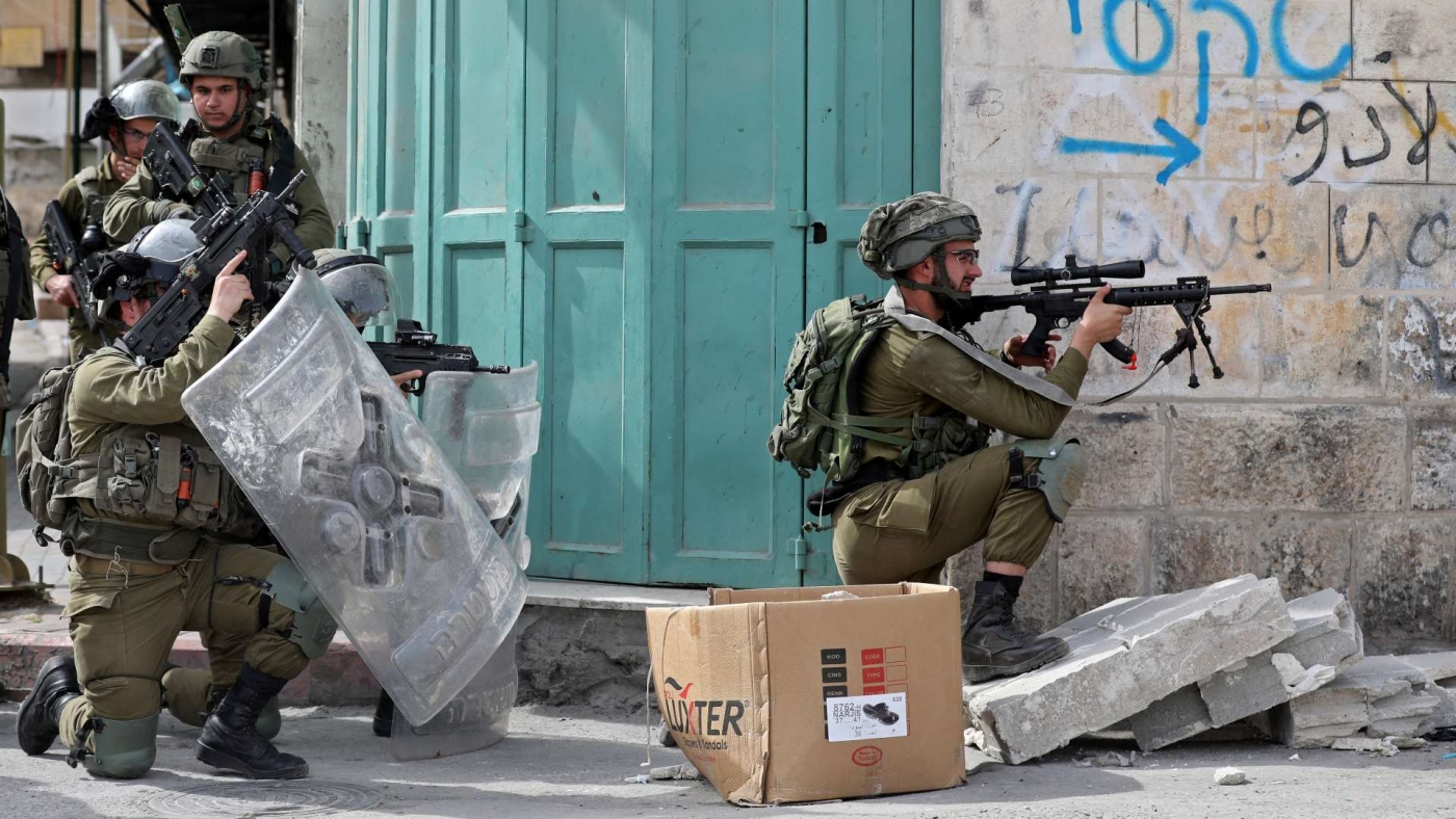 Israeli security forces deploy against Palestinian protesters in Hebron city in the occupied West Bank, on 1 April 2022