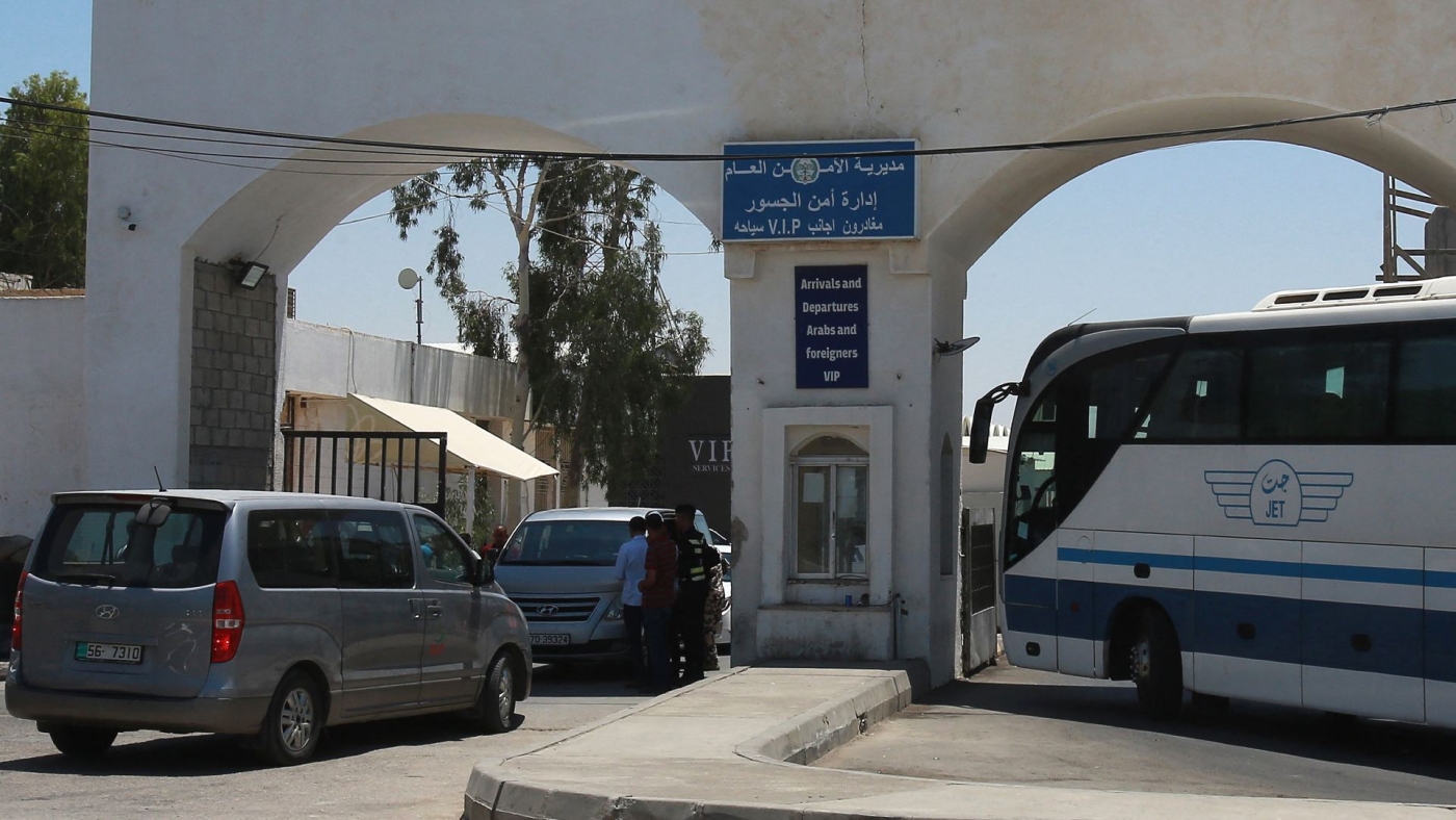 Vehicles queue at the Jordanian side of the King Hussein Bridge (also known as Allenby Bridge) crossing between the West Bank and Jordan on 19 July 2022.