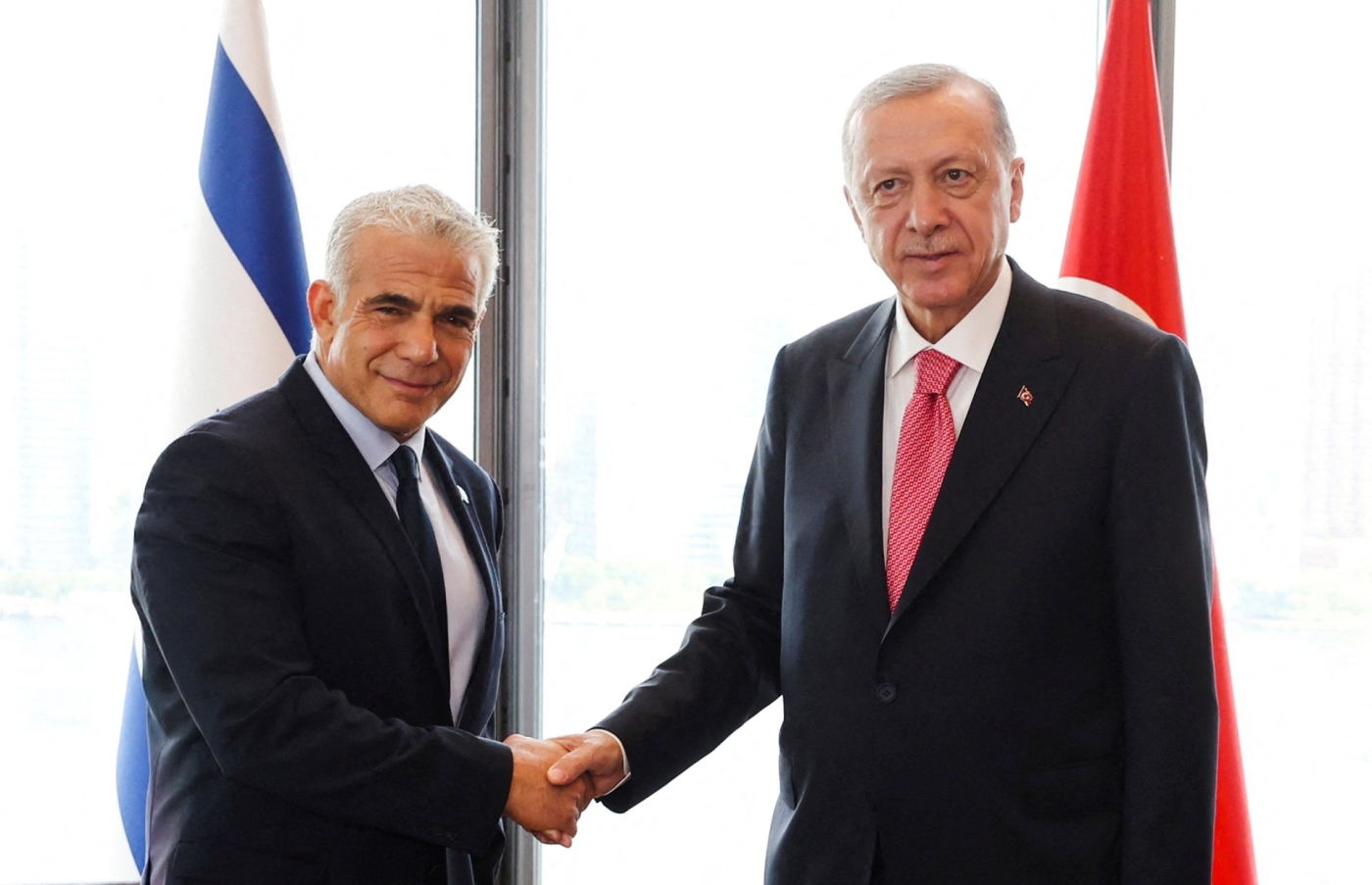 Turkish President Tayyip Erdogan meets with Israeli Prime Minister Yair Lapid on the sidelines of the UN General Assembly in New York City, US, on 20 September 2022 (Reuters/Presidential Press Office)