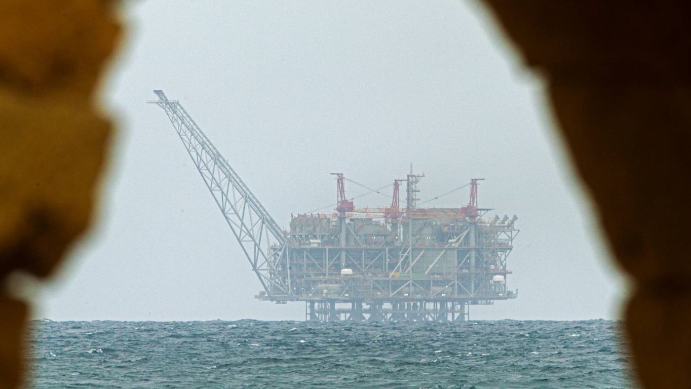 The platform of the Leviathan natural gas field in the Mediterranean Sea pictured from the Israeli city of Caesarea, on 24 February 2022.