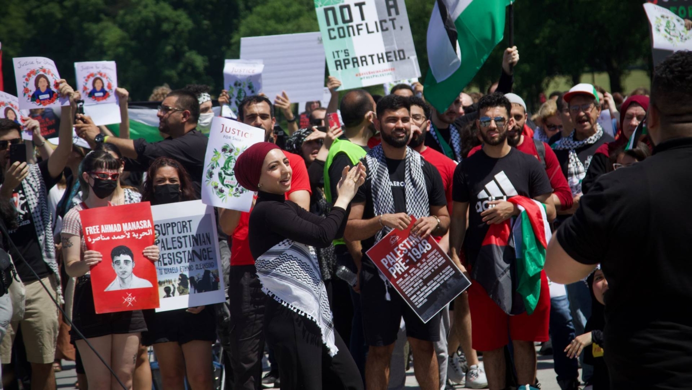 Pro-Palestinian protesters rally in Washington to commemorate the 74th anniversary of the Nakba on 15 May 2022.