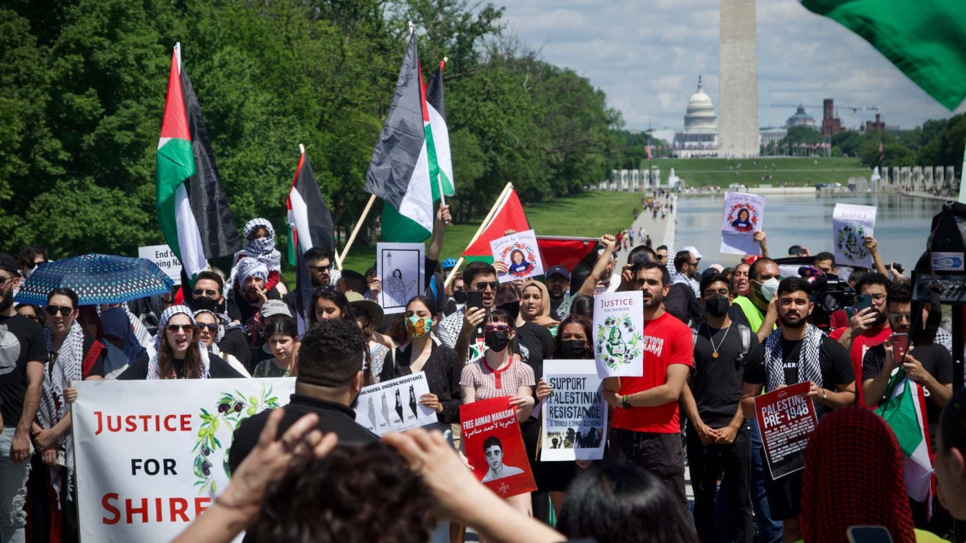 US protesters demand justice for Palestinian journalist Shireen Abu Akleh during a protest commemorating the Nakba anniversary on 15 May 2022 in Washington.