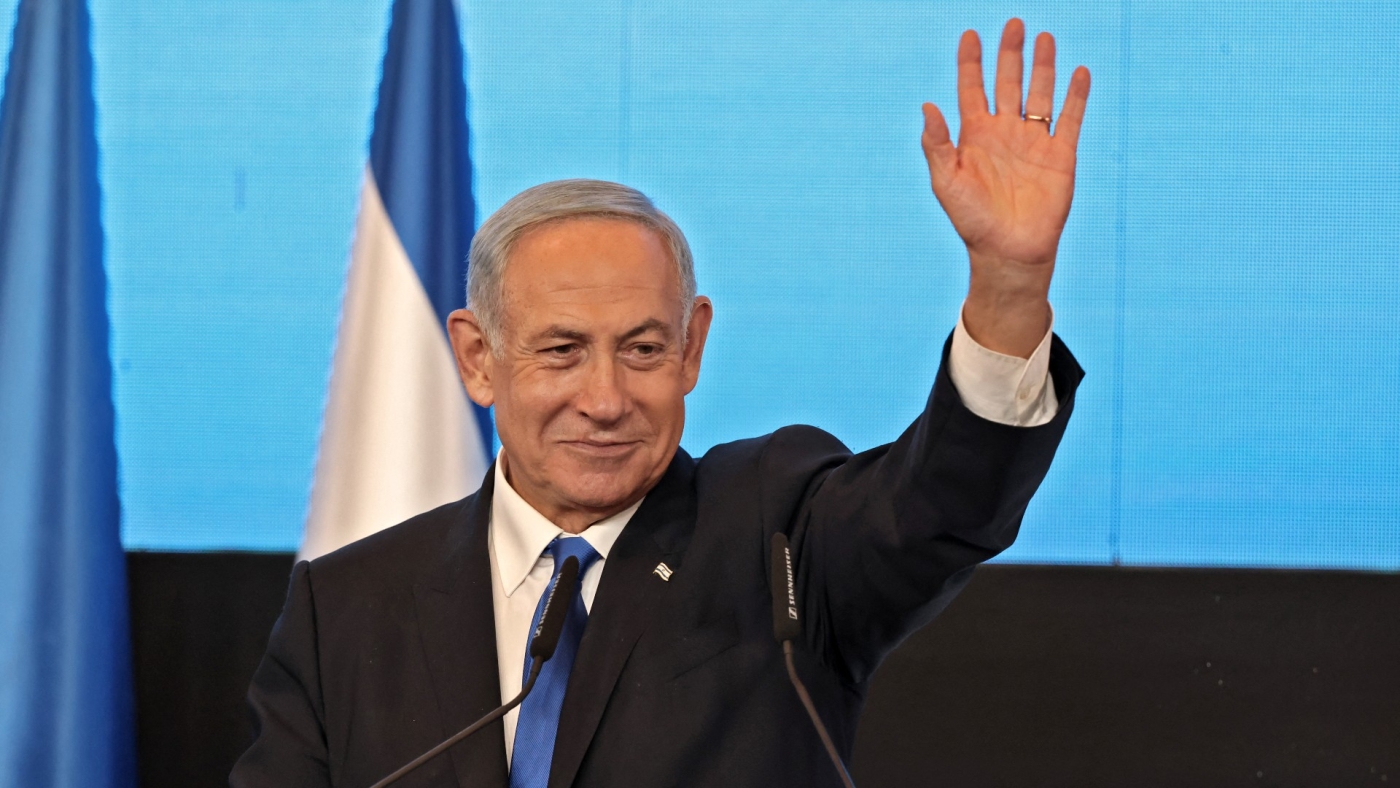 Israeli Prime Minister Benjamin Netanyahu addresses supporters in Jerusalem after the end of voting for national elections on 1 November 2022.