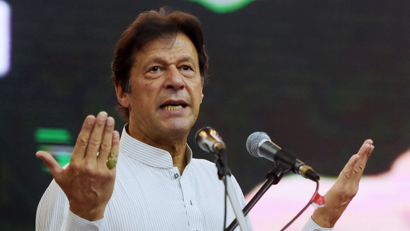 Pakistan's ousted Prime Minister Imran Khan gesturing as he delivers a speech during an election campaign rally in Islamabad on 30 June, 2018 (AFP)