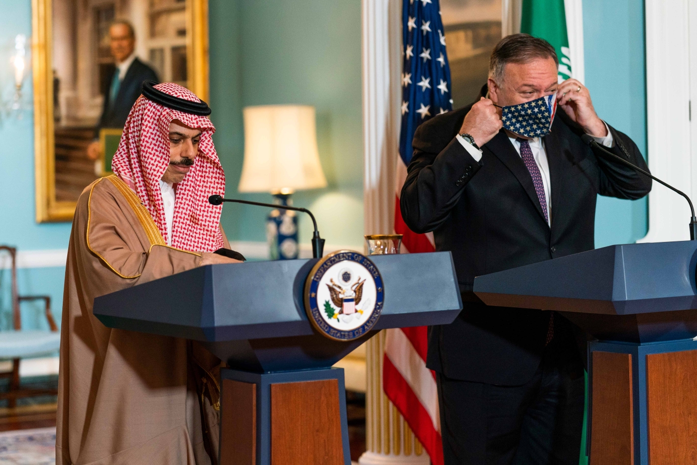 Saudi foreign minister Prince Faisal bin Farhan Al Saud and Secretary of State Mike Pompeo delivering their remarks at the State Department.