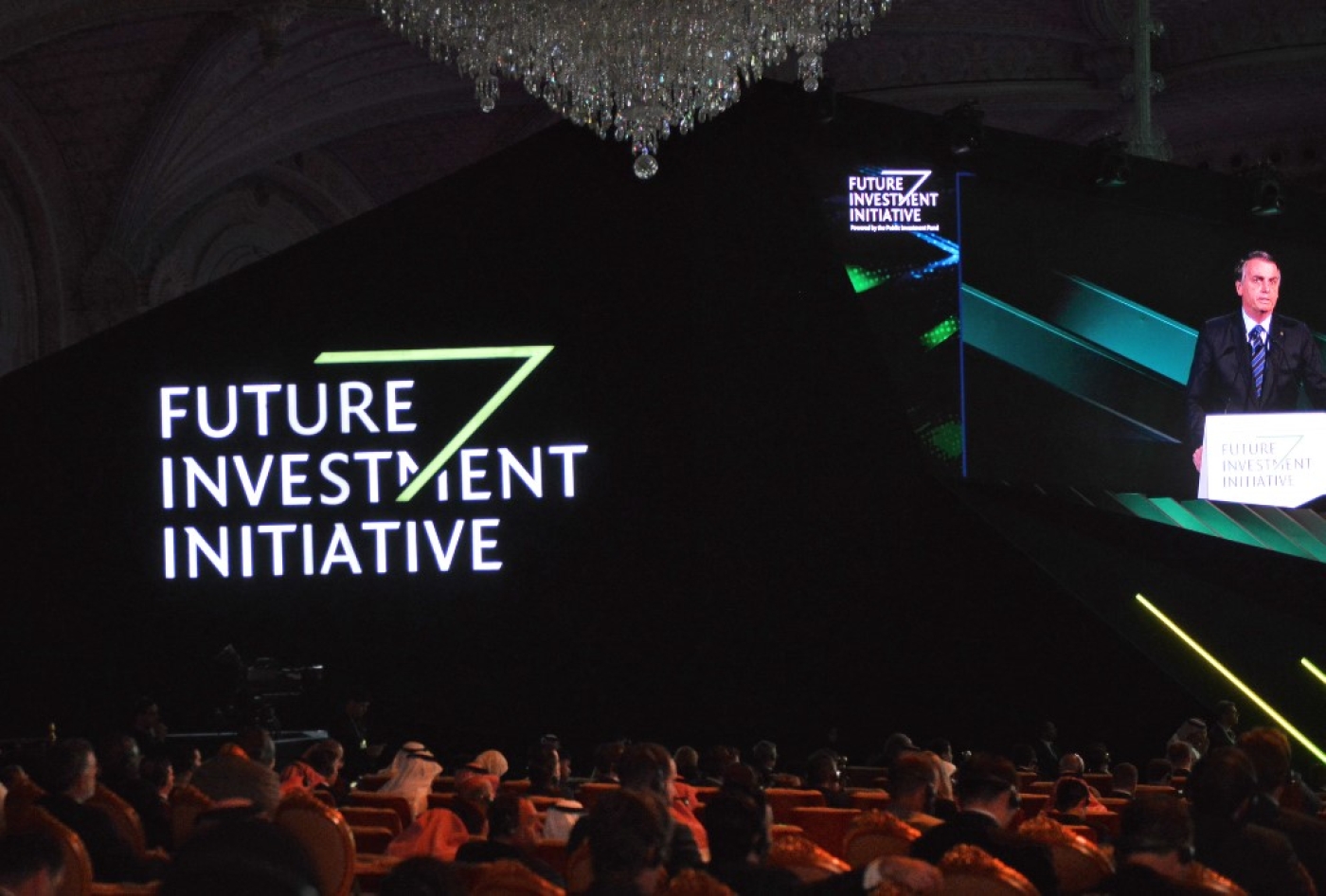 Brazilian President Jair Bolsonaro speaks during the Future Investment Initiative forum in Riyadh on 30 October 2019.