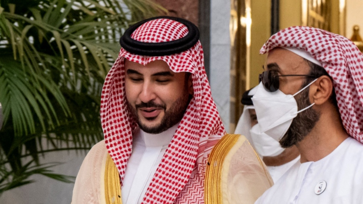 UAE National Security Advisor Sheikh Tahnoon bin Zayed al-Nahyan (R) receives Saudi Arabia's Deputy Minister of Defence Prince Khalid bin Salman in Abu Dhabi on 15 May 2022