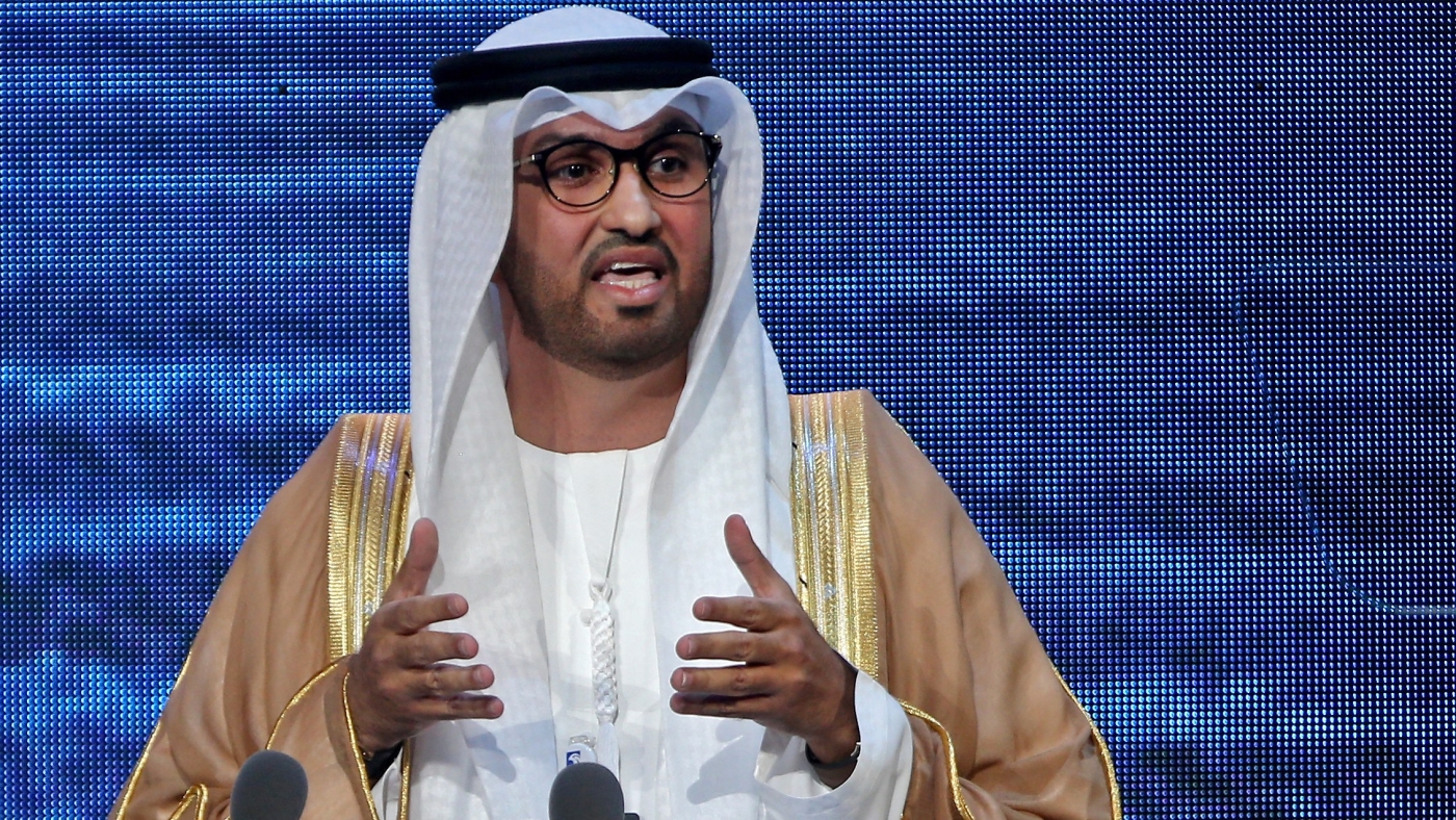 Sultan al-Jaber, CEO of the Abu Dhabi National Oil Company (ADNOC), addresses the Abu Dhabi International Petroleum Exhibition and Conference (ADIPEC) in the Emirati capital on 11 November 2019 (AFP)