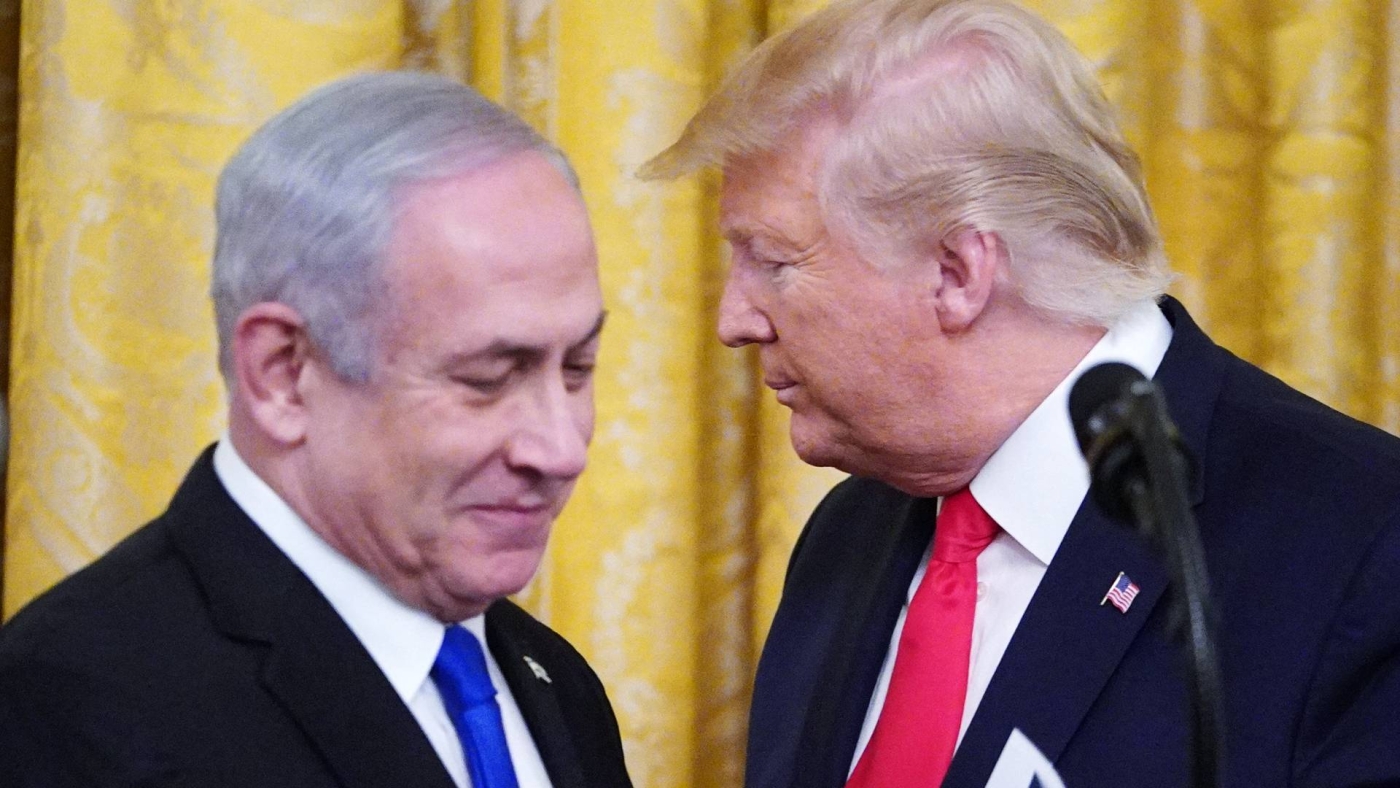 US President Donald Trump and Israeli Prime Minister Benjamin Netanyahu in the East Room of the White House in Washington on 28 January 2020