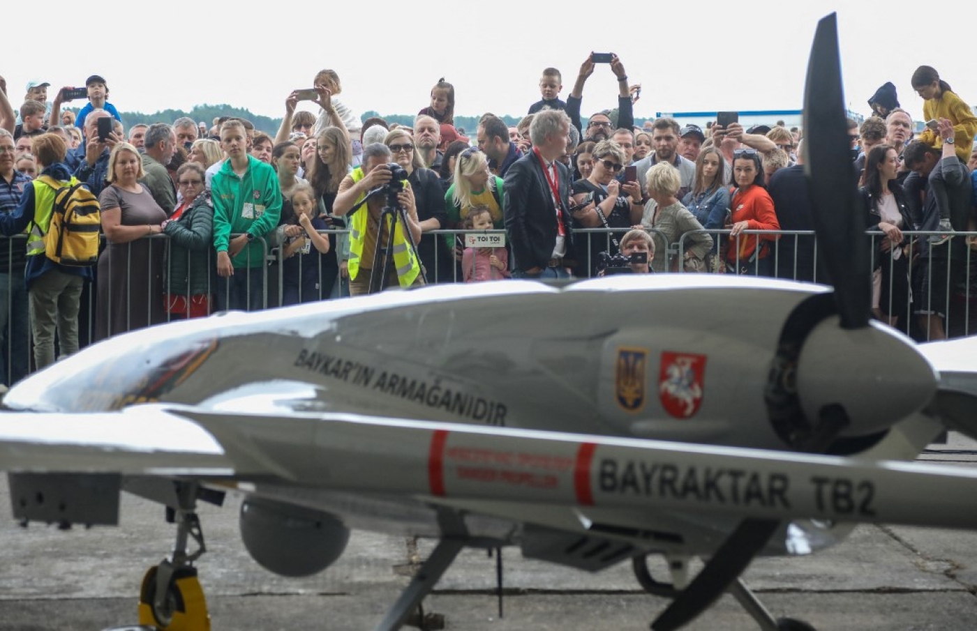 A Turkish Bayraktar TB2 combat drone is on view during a presentation at the Lithuanian Air Force Base in Siauliai, Lithuania, on 6 July 2022 (AFP)