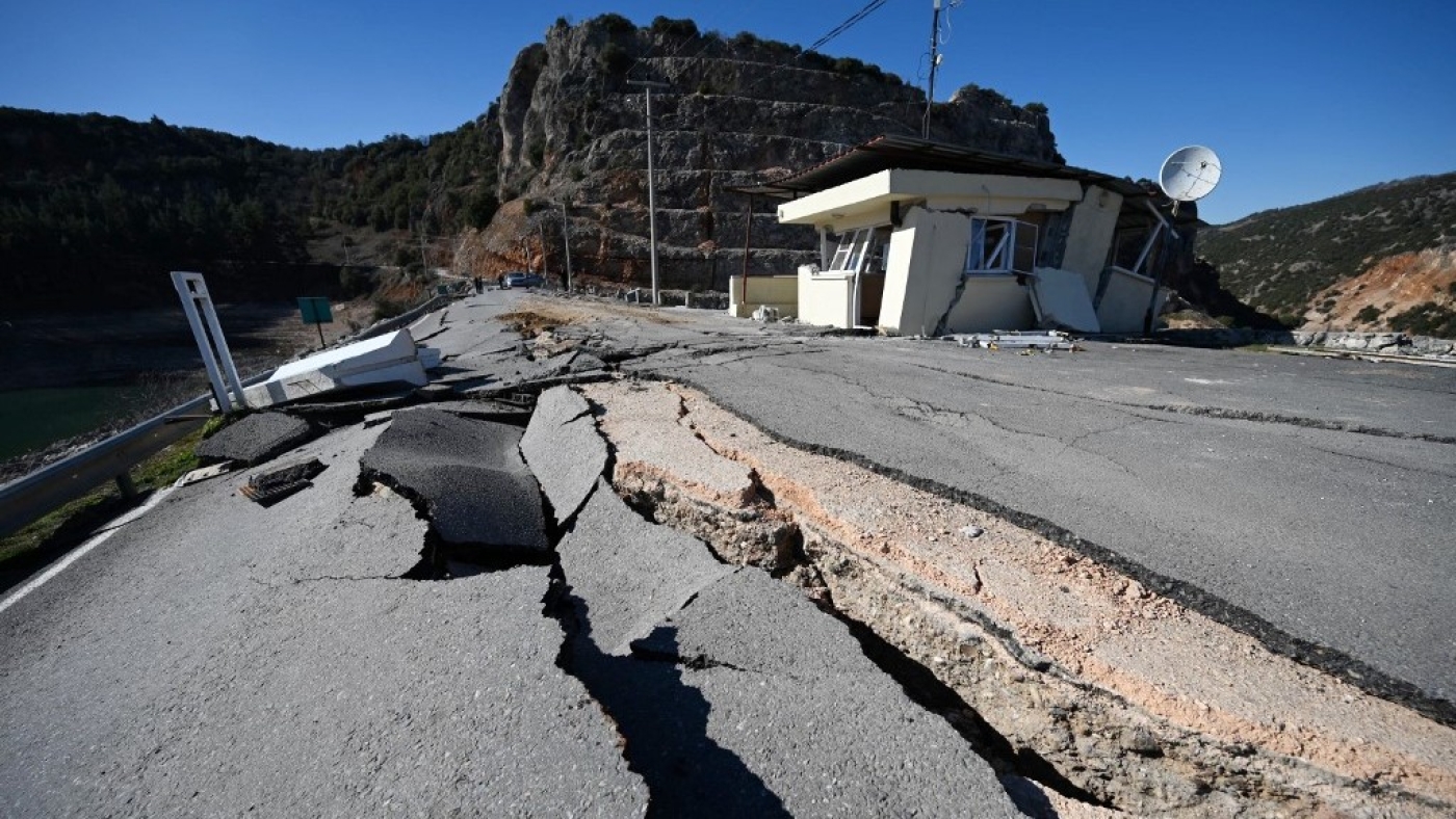 A picture taken on February 16, 2023 shows cracks on a road near the quake’s epicenter, in Pazarcik district of the city of Kahramanmaras, after the 7.8-magnitude earthquake which struck parts of Turkey and Syria (AFP)