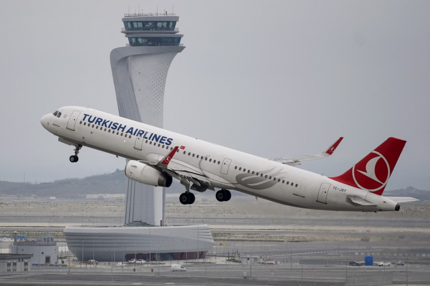 A Turkish Airlines plane takes off at Istanbul Airport on 6 April 2019.