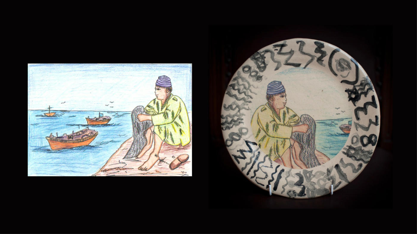 The artwork shows scenes from everyday life in Gaza, including this image of a fisherman (Chelsea Community Hospital School)