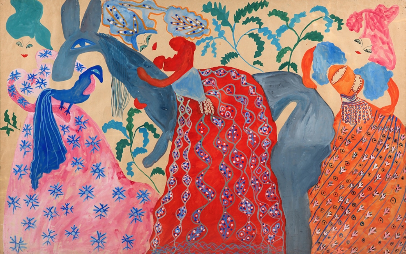 Baya, L’Âne bleu, vers 1950. Gouache sur papier, 100 x 150 cm. (Kamel Lazaar Foundation)
