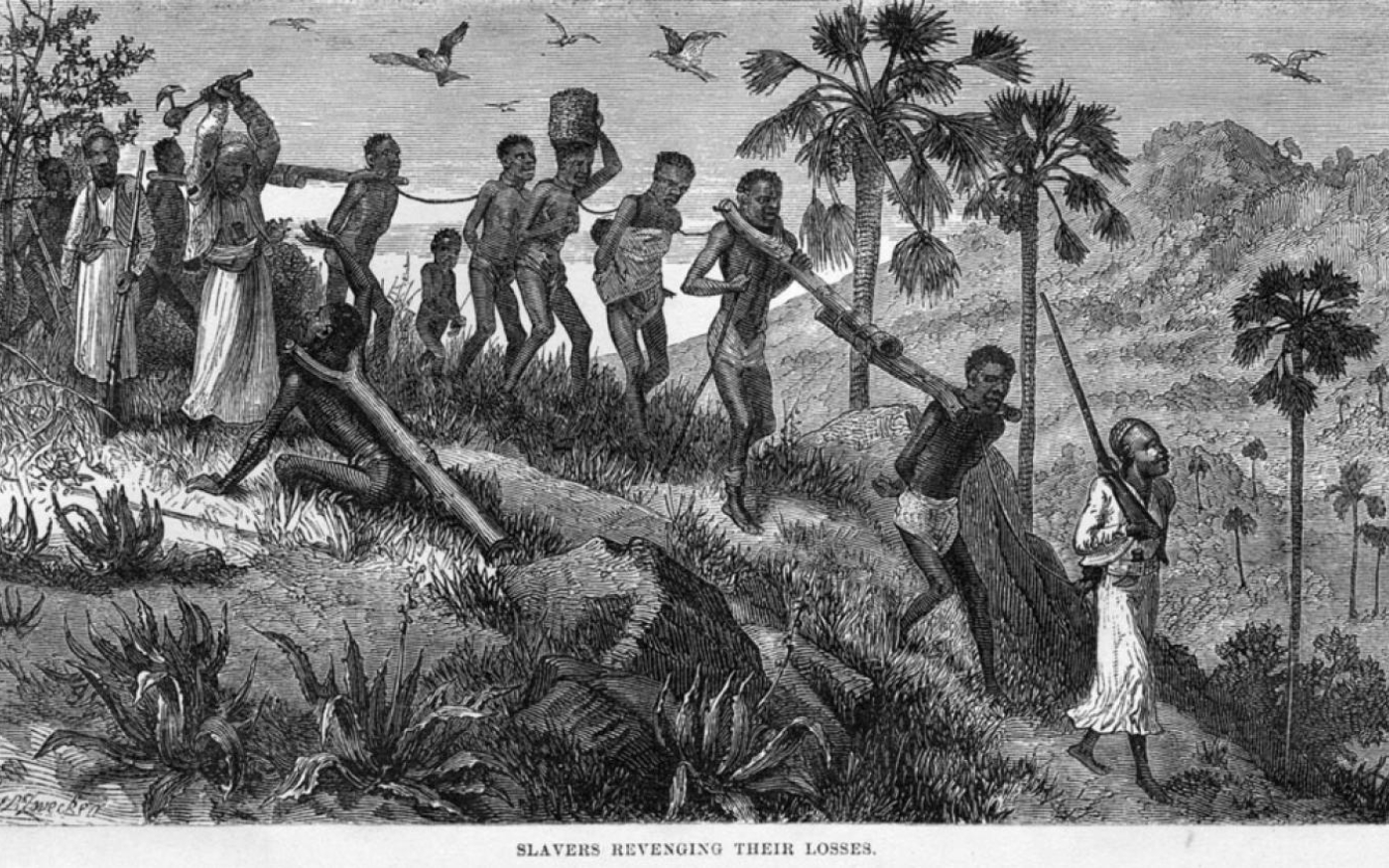 Slavers Revenging their Loss (esclavagistes vengeant leurs pertes). Gravure de 1866 montrant des hommes, des femmes et des enfants dirigés par des esclavagistes arabes (Creative Commons)