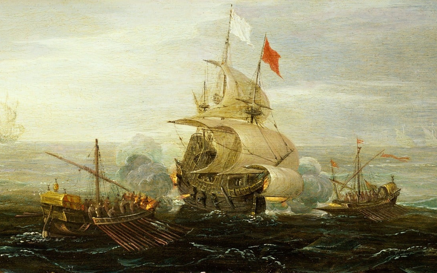 Un navire français attaqué par des pirates barbaresques, peinture de 1615 attribuée à l’artiste Aert Anthonisz ou Cornelis Bol (National Maritime Museum, Londres)