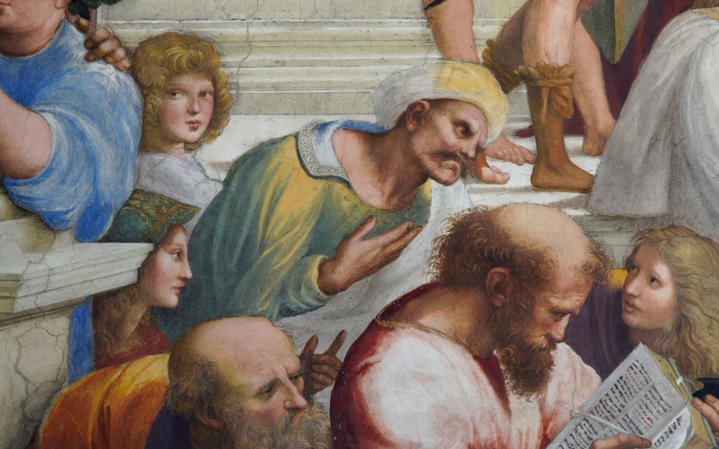 Ibn Rochd (au centre) dans L’école d’Athènes de l’artiste italien de la Renaissance Raphaël (domaine public)
