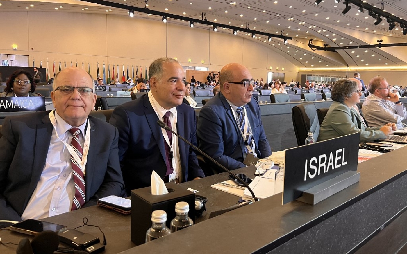 La délégation d’Israël participe à la 45e session étendue du comité du patrimoine mondial de l’UNESCO à Riyad le 11 septembre 2023 (AFP/Rania Sanjar)