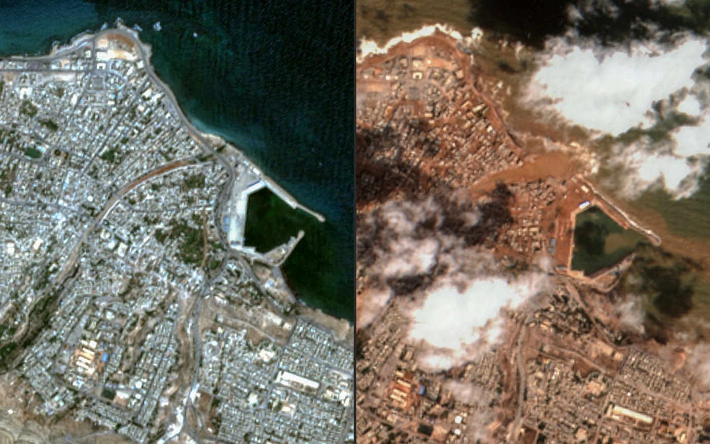 Images satellites de la ville de Derna, dans l’est de la Libye, avant les inondations le 7 septembre 2023 (à gauche) et pendant les inondations (à droite), le 12 septembre 2023 (AFP/Maxar Technology)