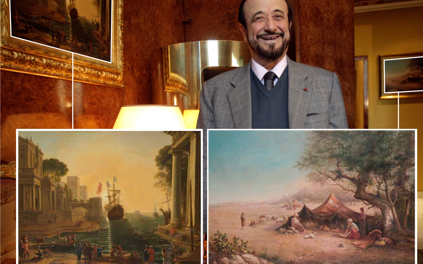 Rifaat al-Assad dans sa demeure de l’avenue Foch à Paris, en 2011, avec deux des tableaux – peint par De Toursky (à droite) et d’après Gellée (à gauche) – vendus aux enchères par Ader (Capture d’écran Michel Euler/AP/SIPA/Ader)
