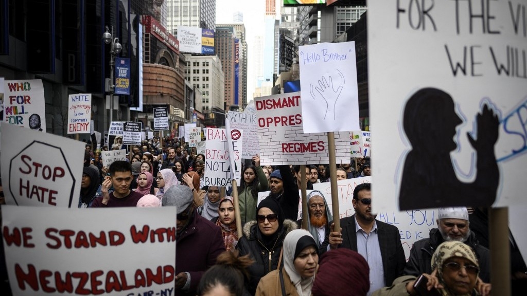 Demonstrators take part in a protest against growing Islamophobia, white supremacy, and anti-immigrant bigotry following the attacks at Christchurch New Zealand on 24 March 2019 in New York City.
