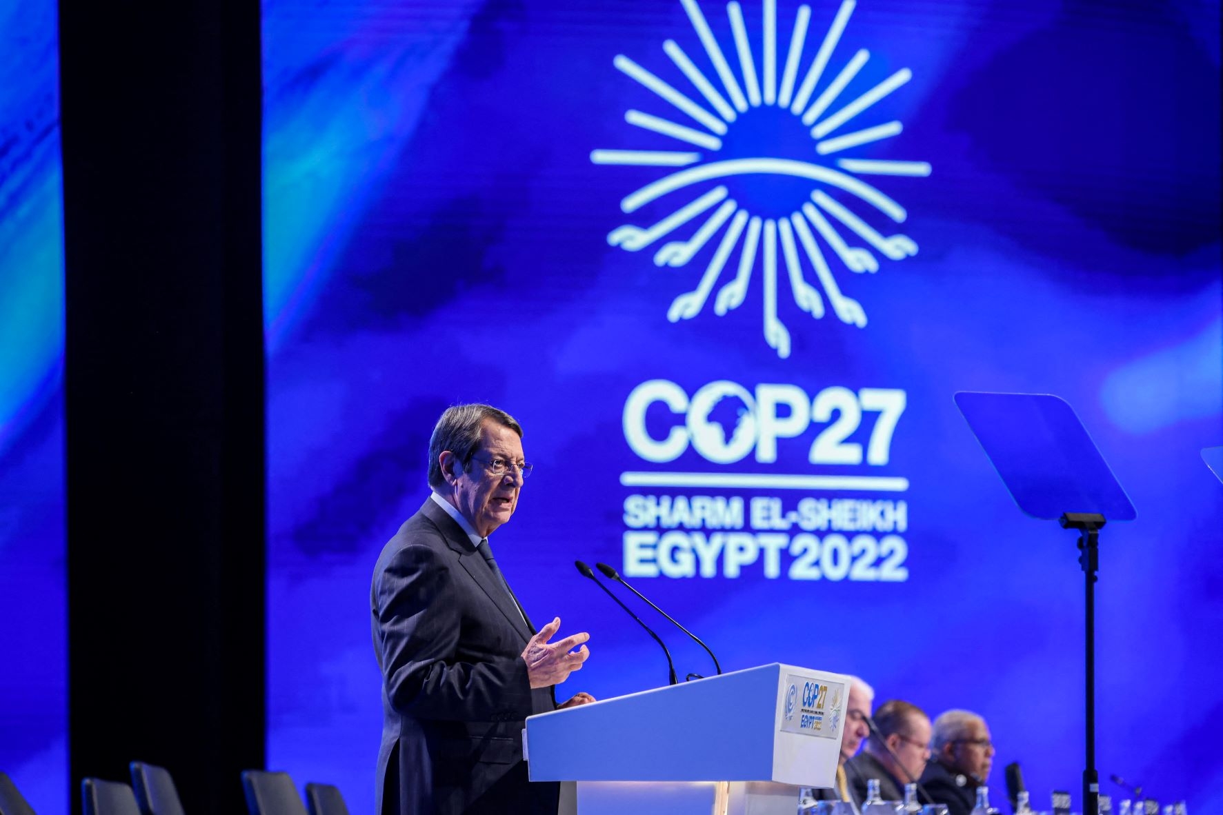 Cyprus' President Nicos Anastasiades delivers a speech at the leaders summit of the COP27 climate conference at the Sharm el-Sheikh International Convention Centre, in Egypt's Red Sea resort city of the same name, on November 8, 2022 (AFP)