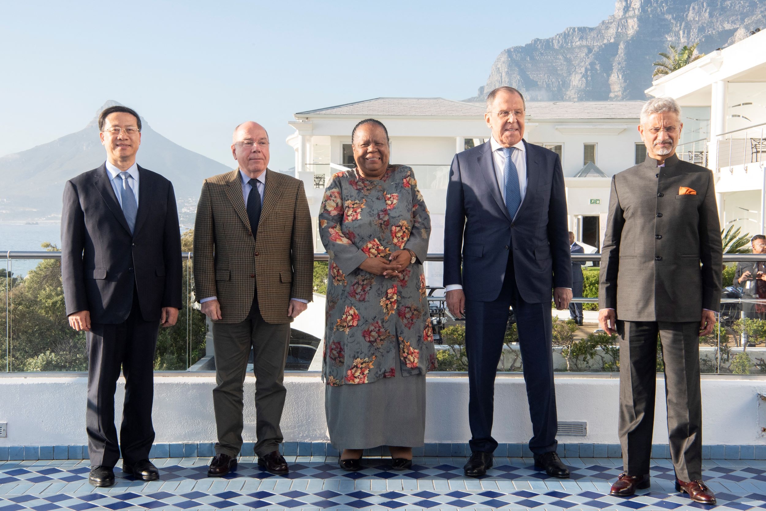 (L to R) Foreign ministers of China, Brazil, South Africa, Russia and India pose for photos at the Brics meeting on 1 June 2023 in Cape Town (AFP)