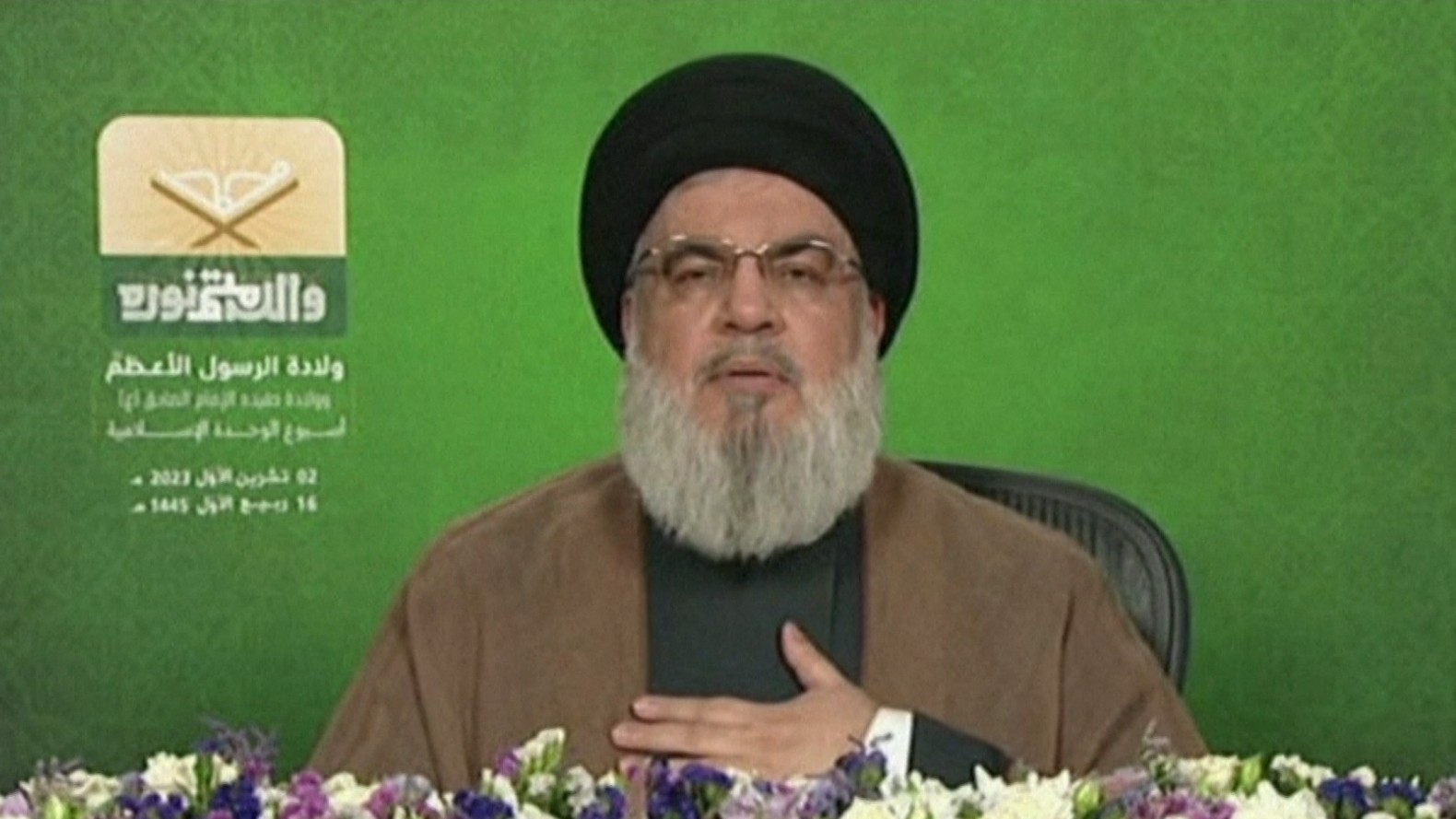 An image grab from Hezbollah's al-Manar TV on 2 October shows Hassan Nasrallah delivering a speech to commemorate the birth anniversary of Prophet Muhammad (AFP)