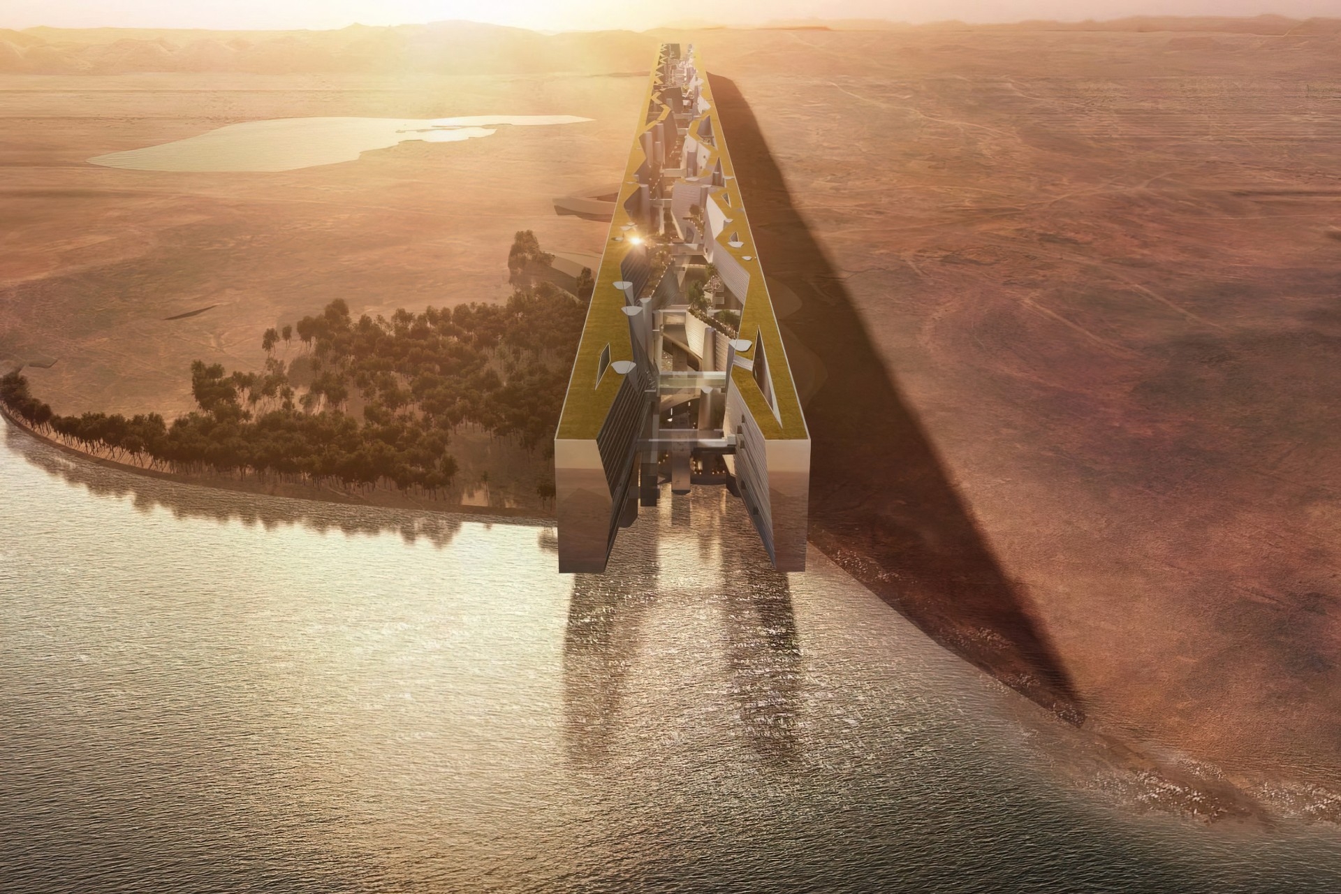 Vision artistique de « Mirror Line », gratte-ciel horizontal de 120 km de long annoncé comme un monument de Neom, au nord de l’Arabie saoudite (Reuters)