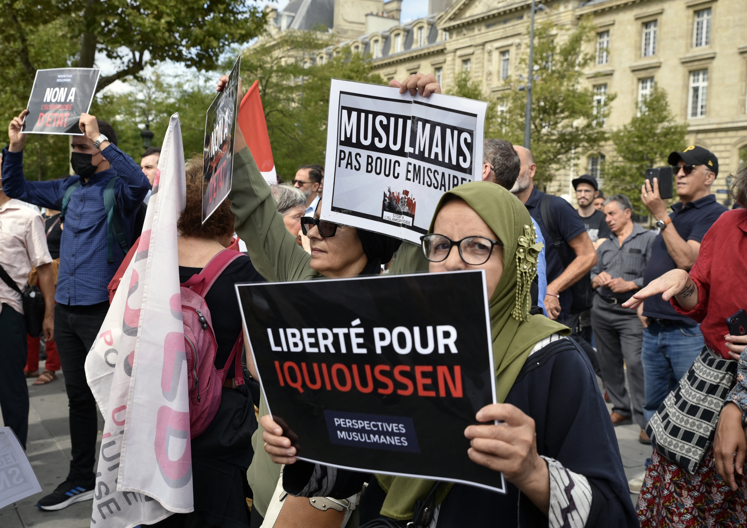 The French Muslim Perspectives Association protests against Islamophobia in Paris on 3 September 2022 (AFP)