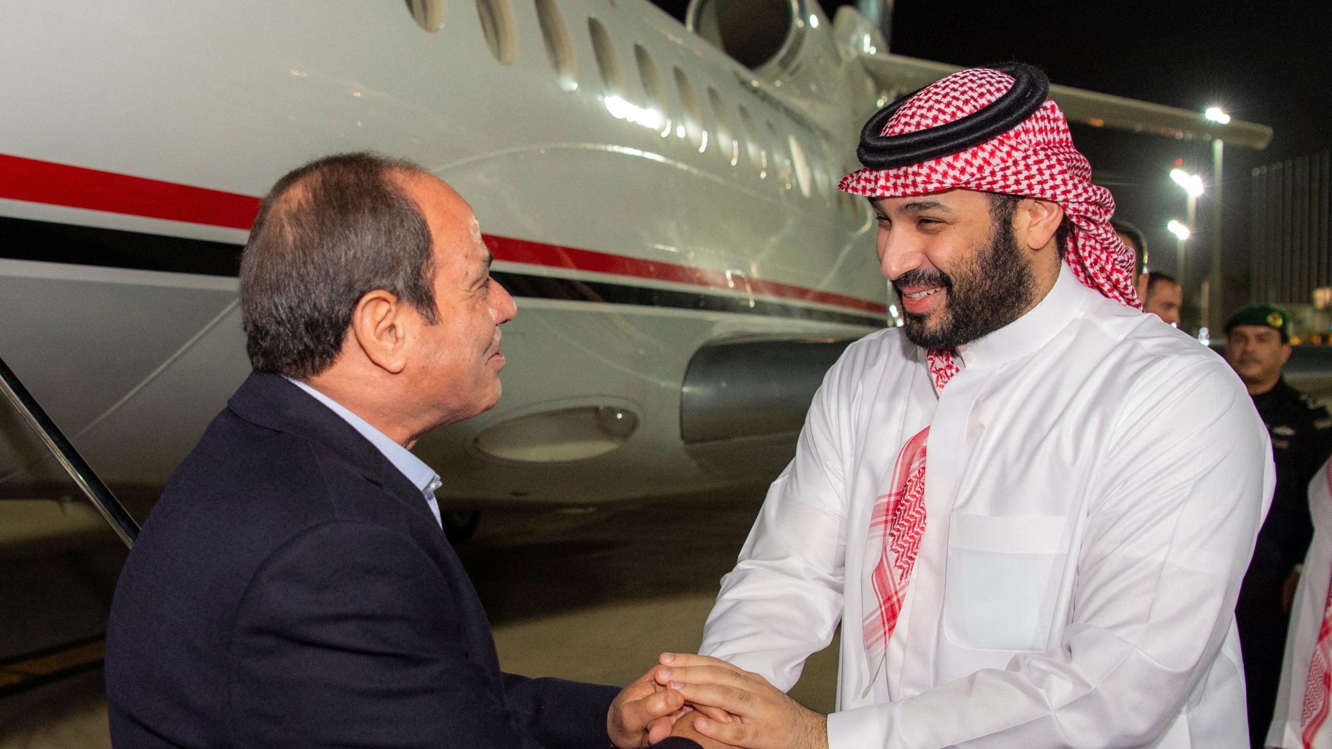 Saudi Crown Prince Mohammed bin Salman receives Egyptian President Abdel Fattah al-Sisi in Jeddah, Saudi Arabia, 3 April  2023 (Saudi Press Agency via Reuters)