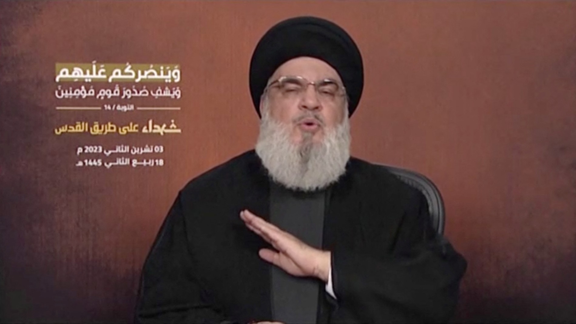 Hezbollah leader Hassan Nasrallah delivers his first address since the Israel-Palestine war on 3 November (Reuters)