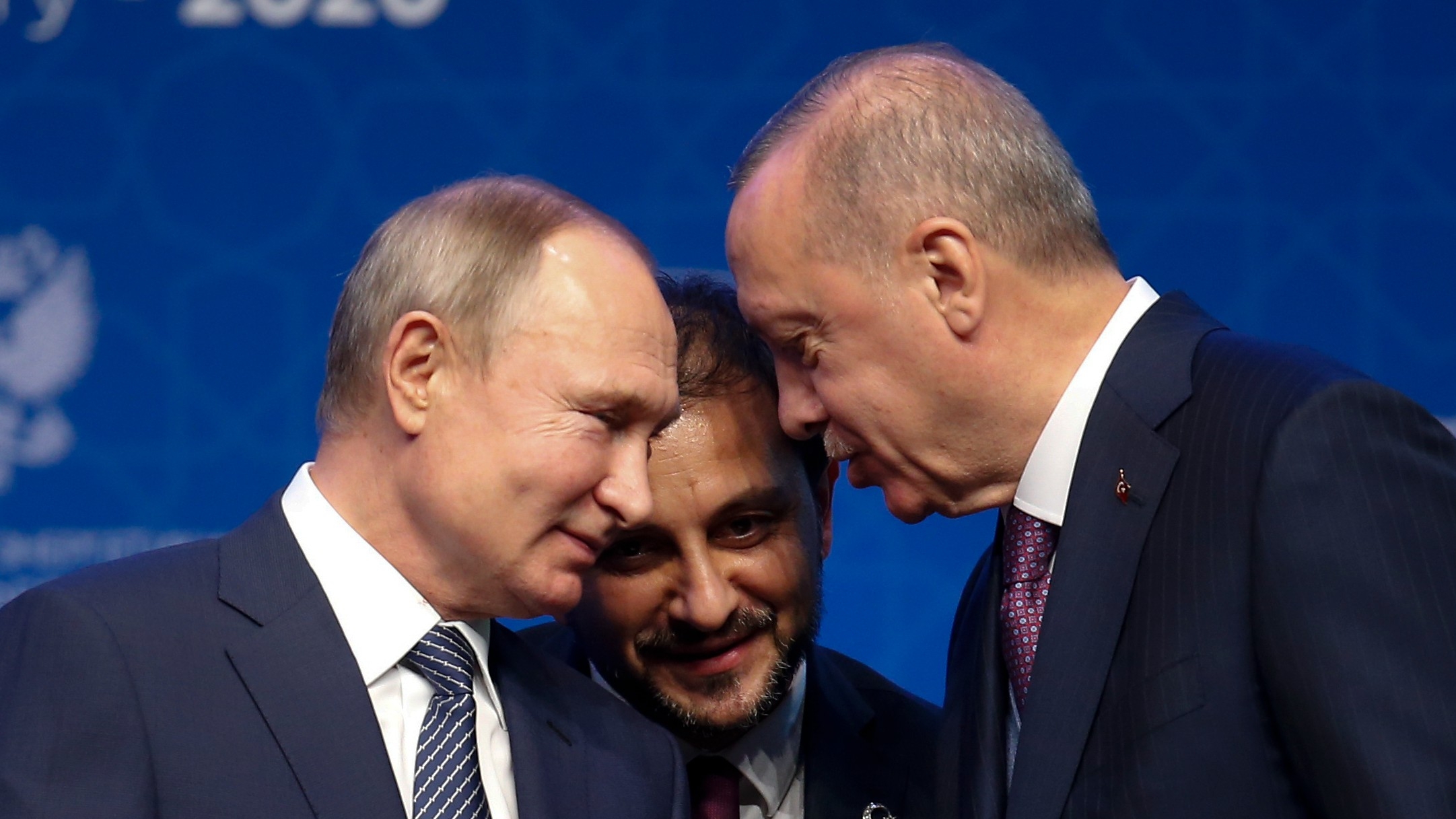 Turkey's President Recep Tayyip Erdogan, right and Russia's President Vladimir Putin, left, talk during a ceremony in Istanbul for the inauguration of the TurkStream pipeline in 2020 (AP)