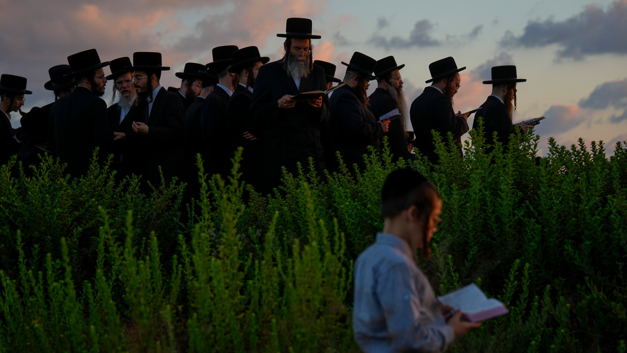 Ultra-Orthodox Jewish men of the Kiryat Sanz Hasidic sect pray on a hill overlooking the Mediterranean Sea as they participate in a Tashlich ceremony, in Netanya, Israel, 21 September 2023 (AP)