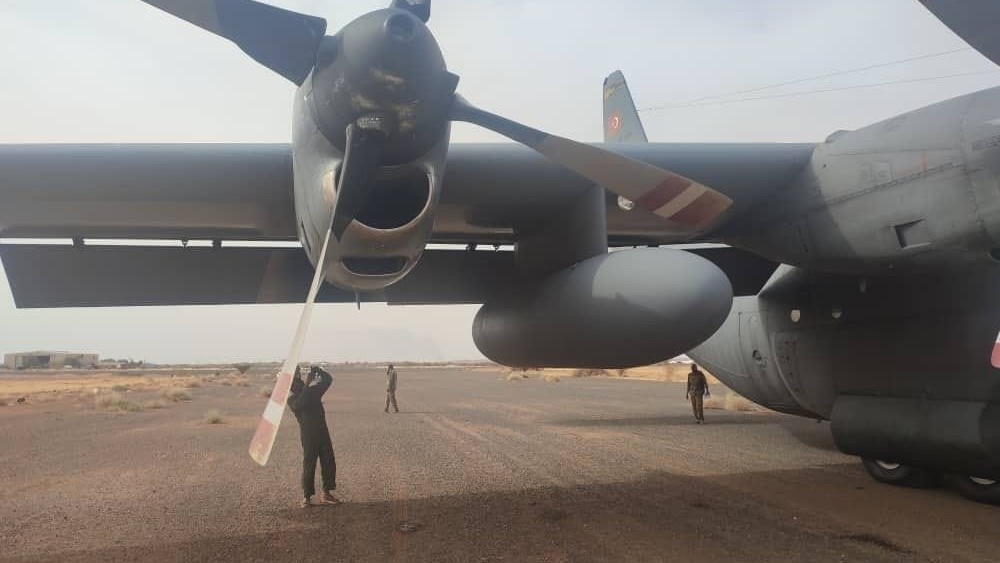 An image purportedly showing a Turkish evacuation plane being inspected after it was fired on in Sudan (social media)