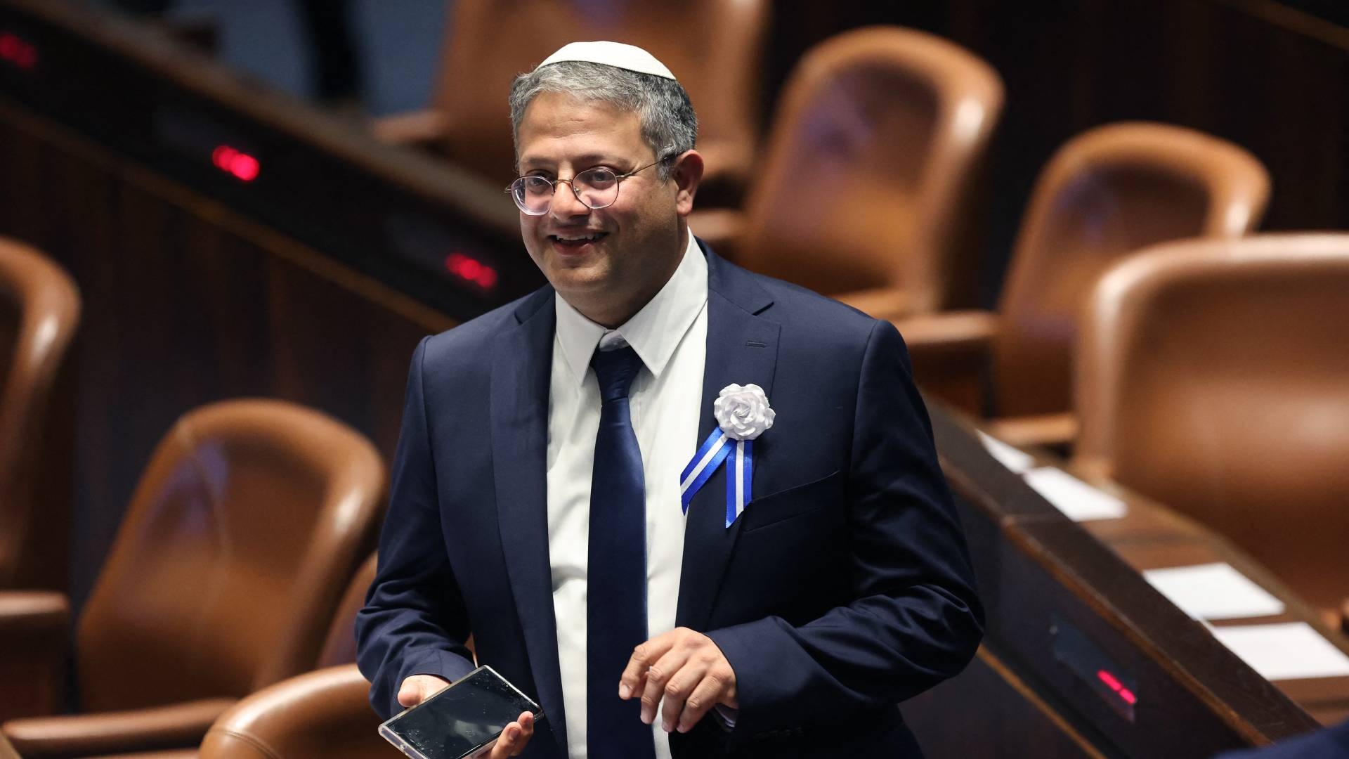 Israeli right-wing Knesset member Itamar ben Gvir during the swearing-in ceremony at the Knesset in Jerusalem, 15 November 2022 (AFP)