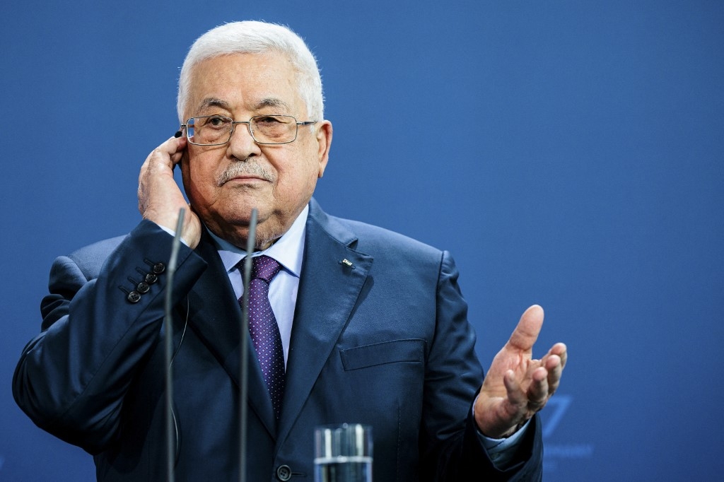 Palestinian President Mahmoud Abbas during a joint press conference with the German chancellor at the Chancellery in Berlin, Germany, 16 August 2022 (AFP)
