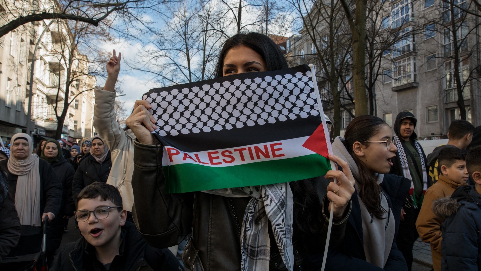 Protesters gathered at city hall Neukoelln to demonstrate against the 2023 Al-Aqsa clashes in Berlin on 8 April, 2023 (Reuters)
