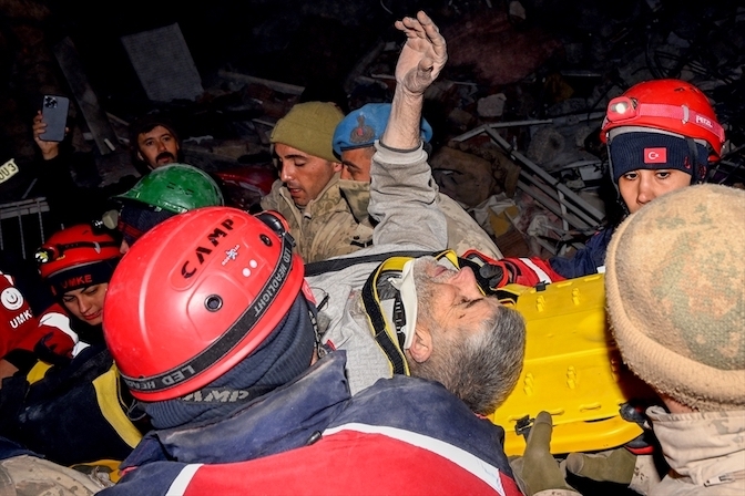 55-year-old Syrian man is rescued from rubble 138 hours after 7.7 and 7.6 magnitude earthquakes hit multiple provinces of Turkey including Kahramanmaras, on February 11, 2023. (Anadolu)