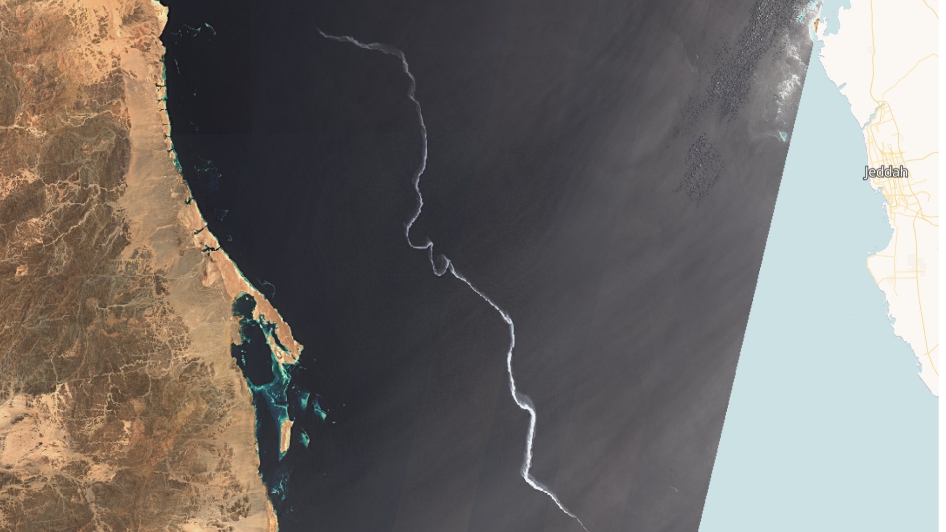 Imagery by the Sentinel-2 L1C satellite revealing the oil spill on 14 May (Sentinel-2 L1C)